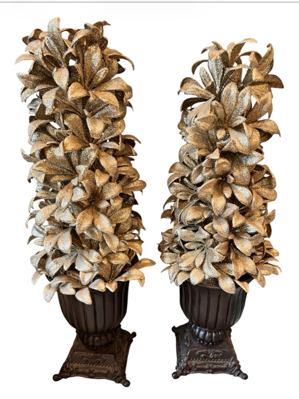 Pair of Gold Floral Topiary in Brown Urns Glittery Tabletop Holiday
